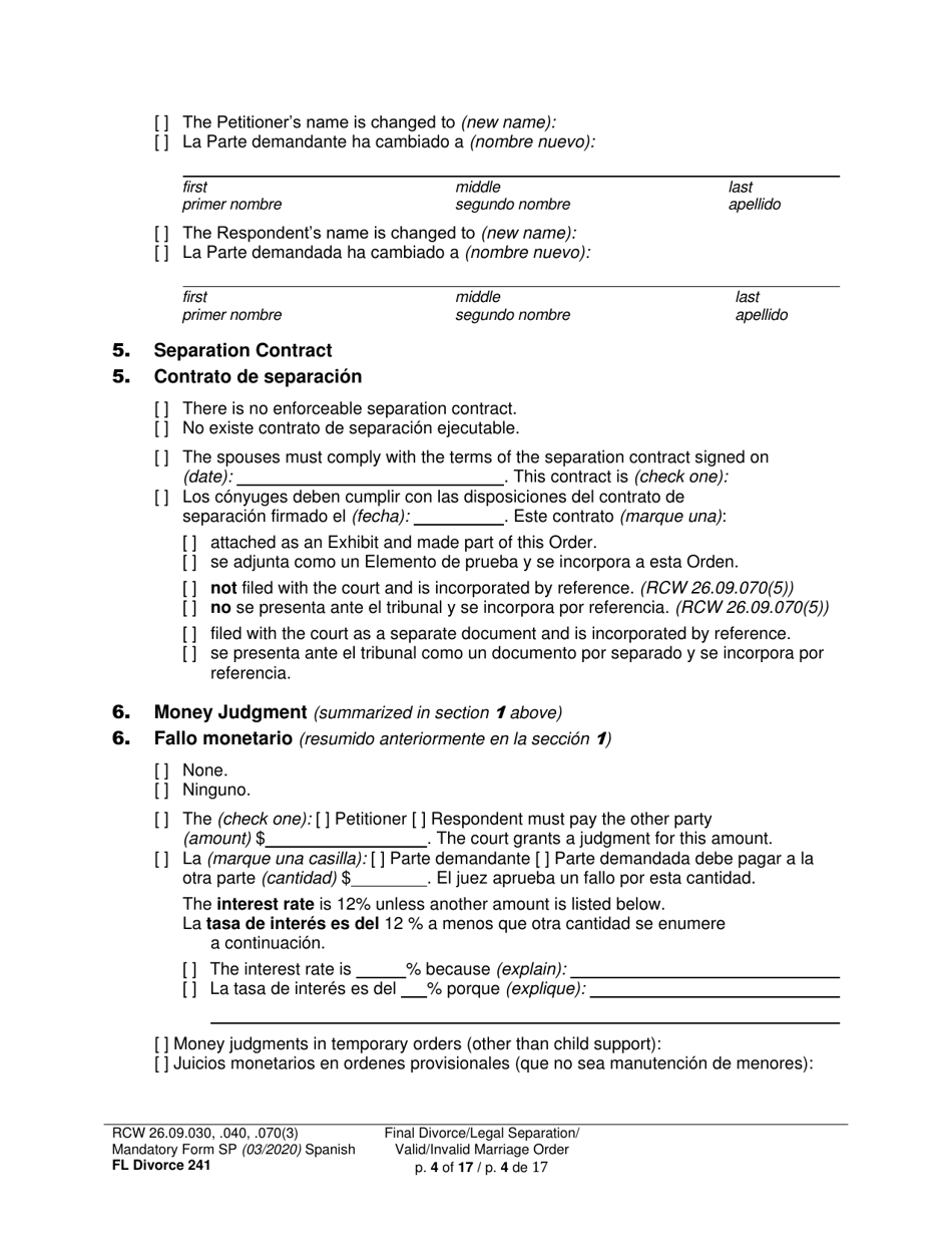 Form FL Divorce241 Final Divorce Order - Washington (English / Spanish), Page 4