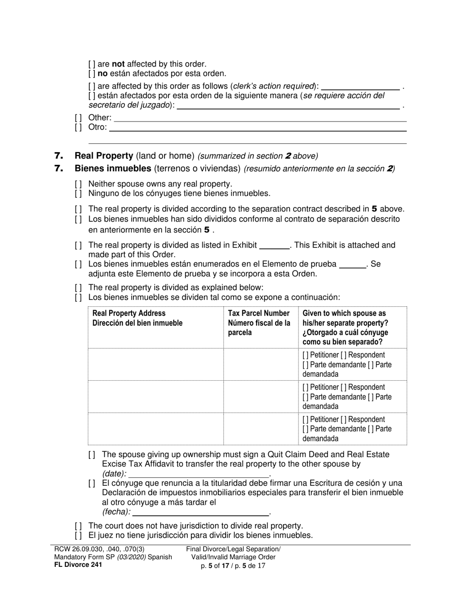 Form FL Divorce241 Final Divorce Order - Washington (English / Spanish), Page 5