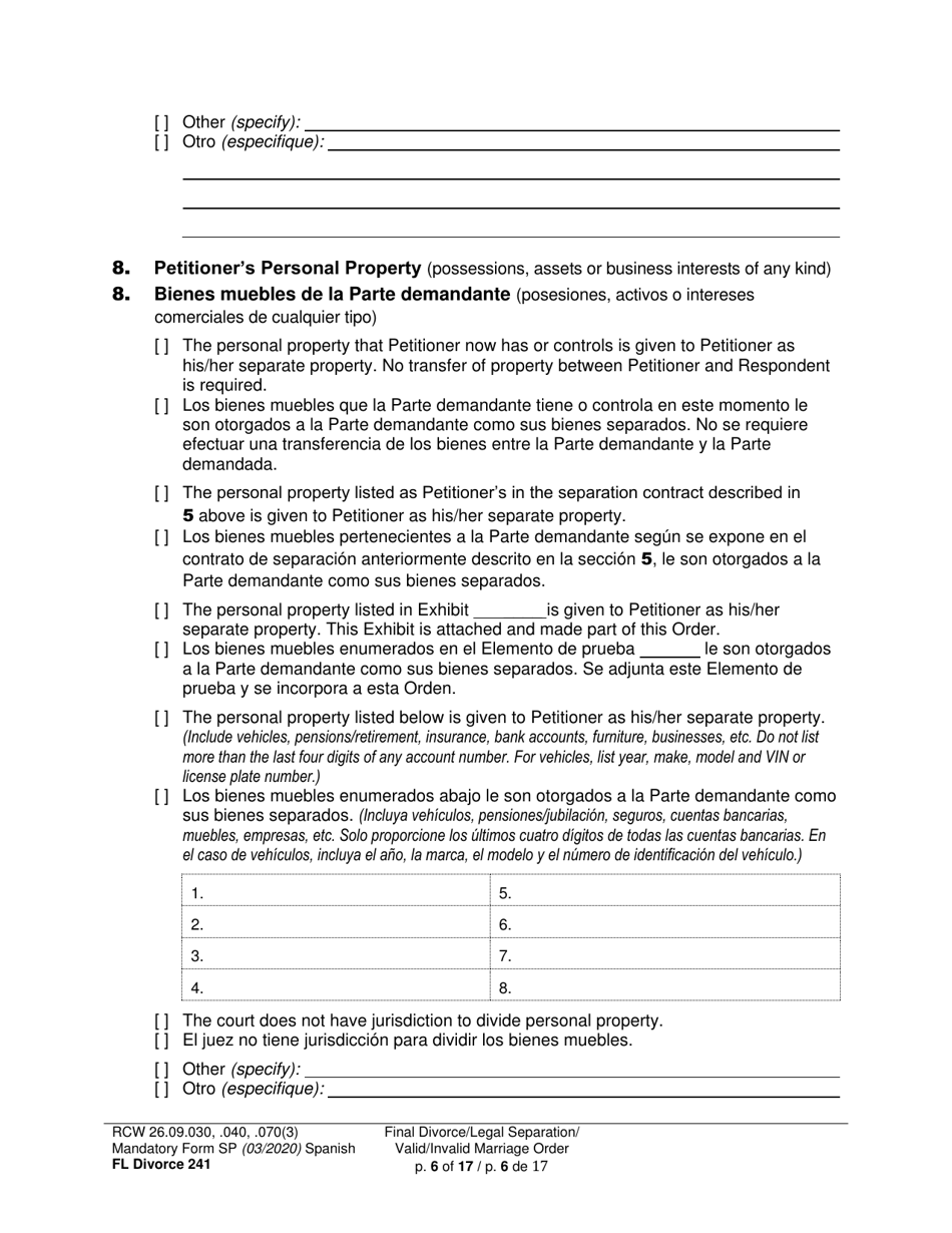 Form FL Divorce241 Final Divorce Order - Washington (English / Spanish), Page 6