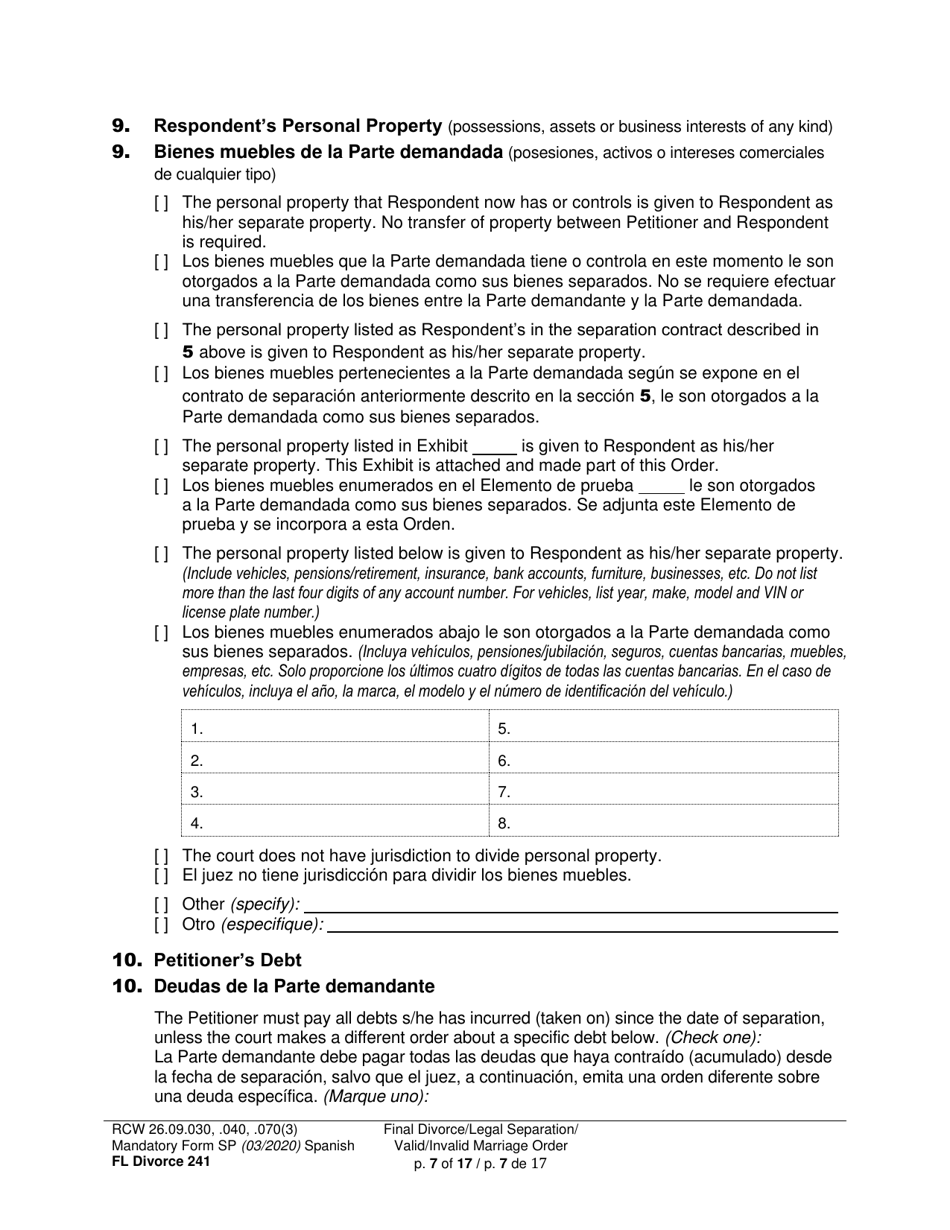 Form FL Divorce241 Final Divorce Order - Washington (English / Spanish), Page 7