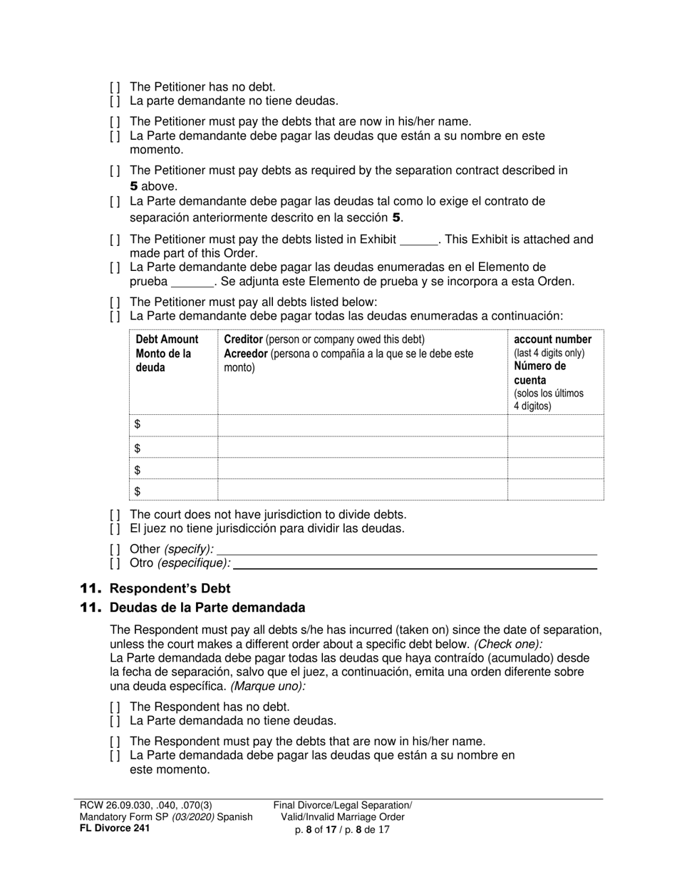 Form FL Divorce241 Final Divorce Order - Washington (English / Spanish), Page 8