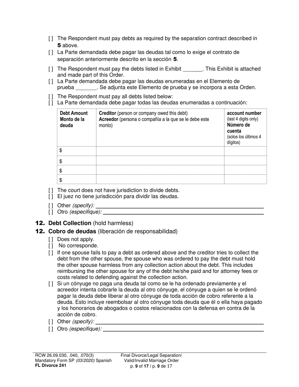 Form FL Divorce241 Final Divorce Order - Washington (English / Spanish), Page 9