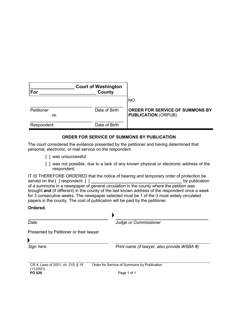 Form PO026 Order for Service of Summons by Publication - Washington, Page 1