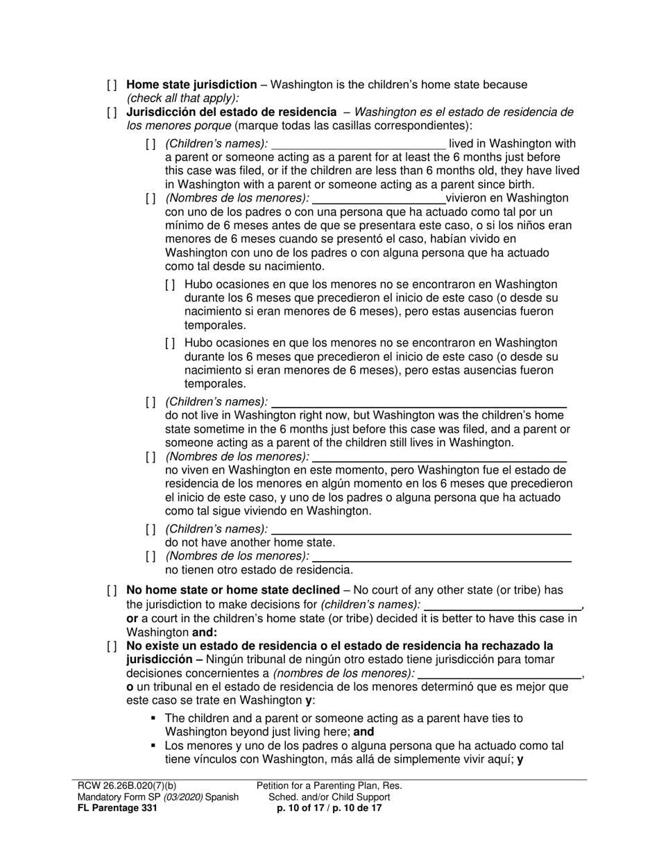 Form FL Parentage331 Petition for Parenting Plan, Residential Schedule, and / or Child Support - Washington (English / Spanish), Page 10