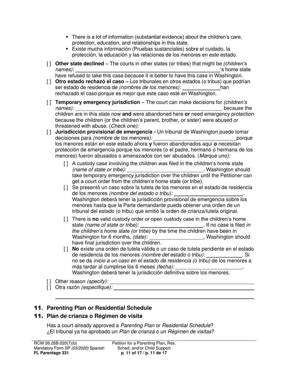 Form FL Parentage331 Petition for Parenting Plan, Residential Schedule, and / or Child Support - Washington (English / Spanish), Page 11