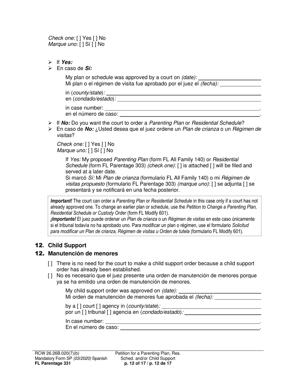 Form FL Parentage331 Petition for Parenting Plan, Residential Schedule, and / or Child Support - Washington (English / Spanish), Page 12