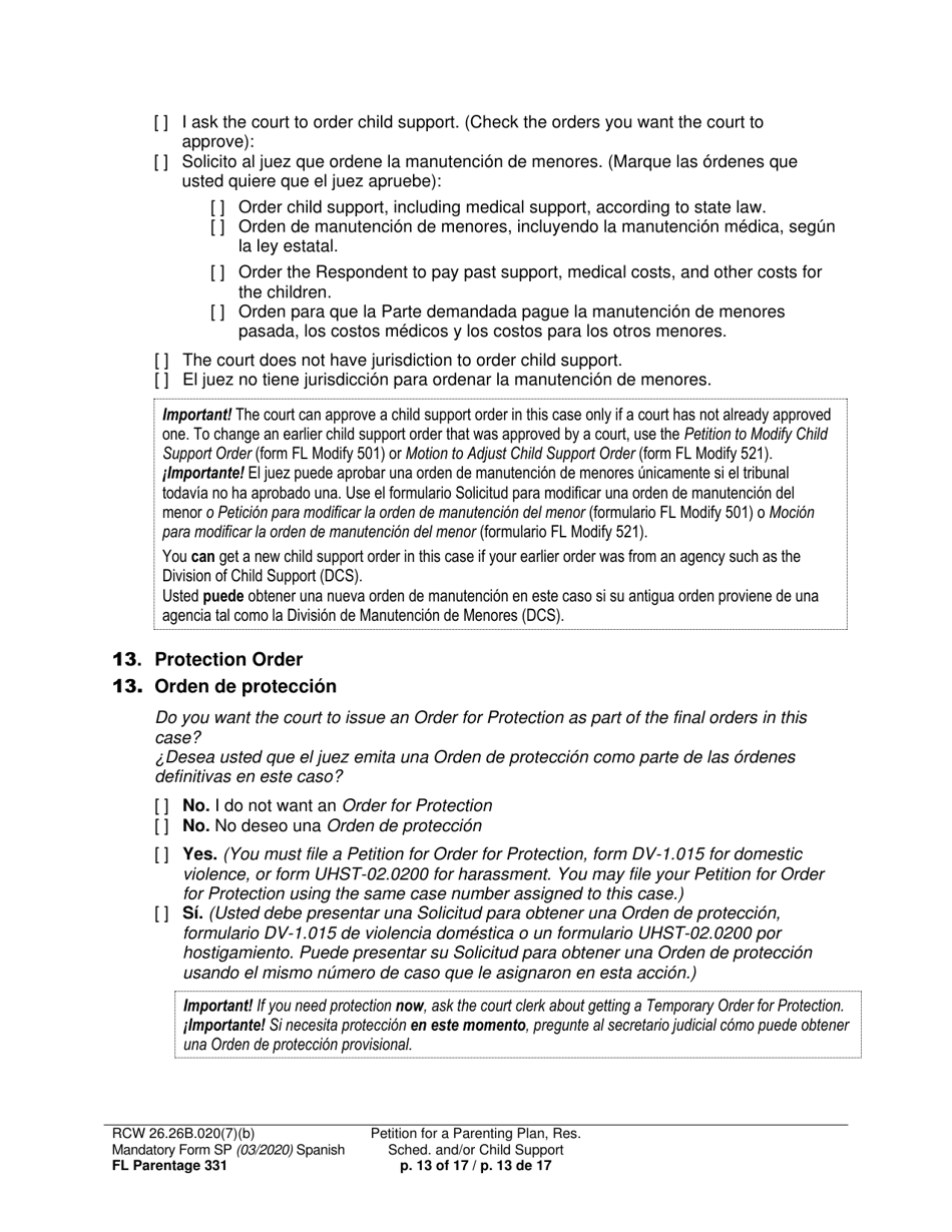 Form FL Parentage331 Petition for Parenting Plan, Residential Schedule, and / or Child Support - Washington (English / Spanish), Page 13