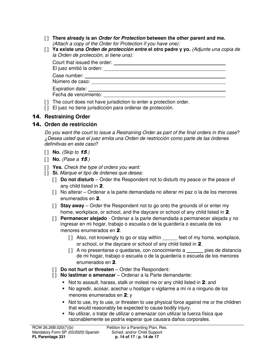 Form FL Parentage331 Petition for Parenting Plan, Residential Schedule, and / or Child Support - Washington (English / Spanish), Page 14