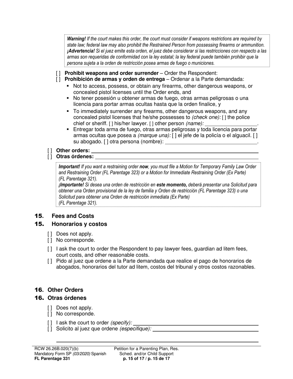 Form FL Parentage331 Petition for Parenting Plan, Residential Schedule, and / or Child Support - Washington (English / Spanish), Page 15