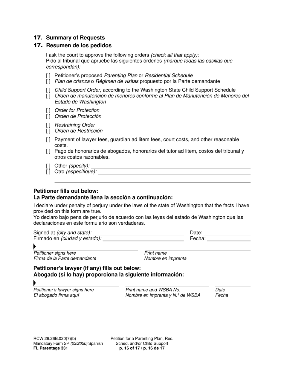 Form FL Parentage331 Petition for Parenting Plan, Residential Schedule, and / or Child Support - Washington (English / Spanish), Page 16