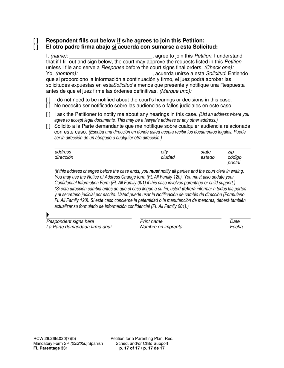 Form FL Parentage331 Petition for Parenting Plan, Residential Schedule, and / or Child Support - Washington (English / Spanish), Page 17