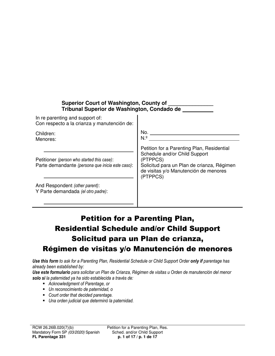 Form FL Parentage331 Petition for Parenting Plan, Residential Schedule, and/or Child Support - Washington (English/Spanish), Page 1