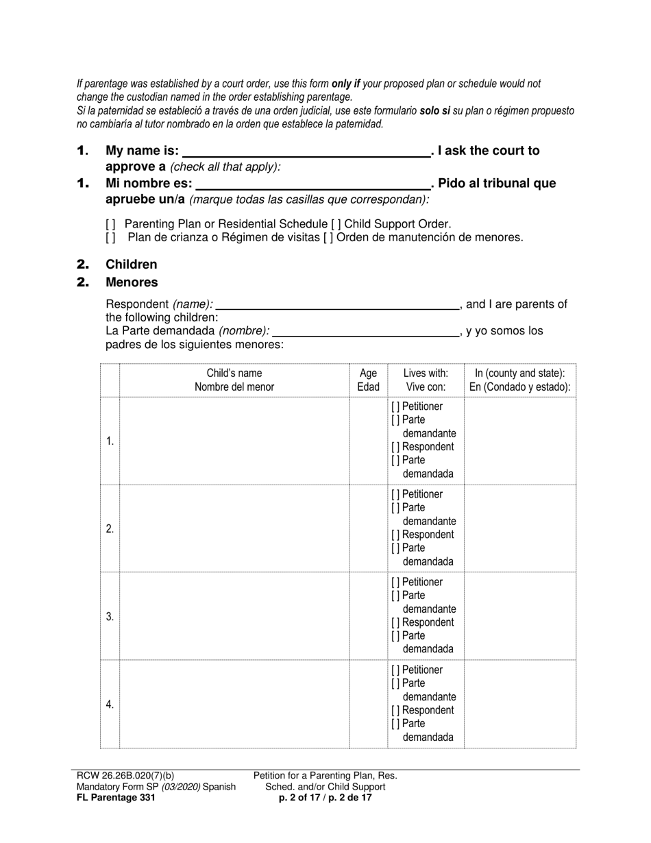 Form FL Parentage331 Petition for Parenting Plan, Residential Schedule, and / or Child Support - Washington (English / Spanish), Page 2