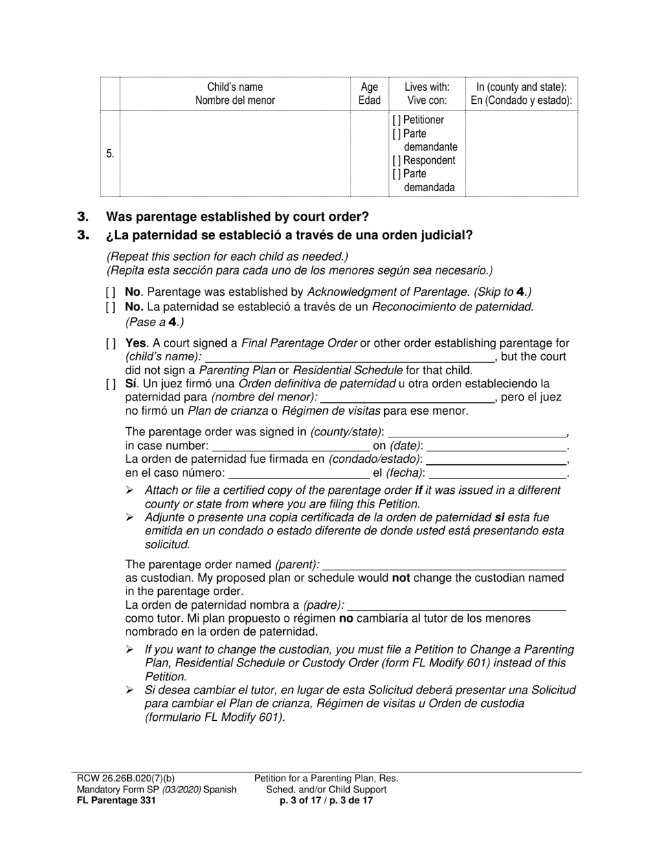 Form FL Parentage331 Petition for Parenting Plan, Residential Schedule, and / or Child Support - Washington (English / Spanish), Page 3