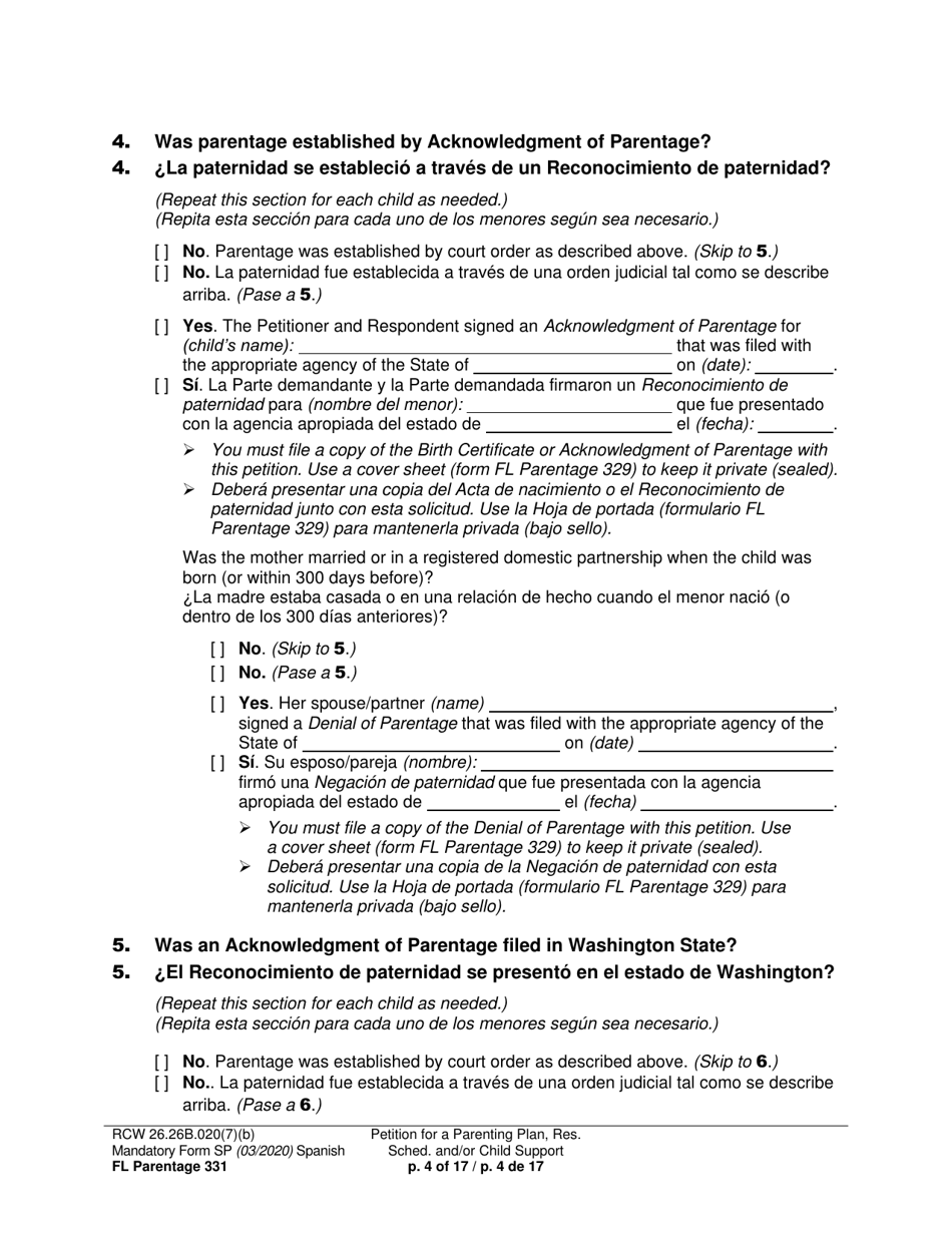 Form FL Parentage331 Petition for Parenting Plan, Residential Schedule, and / or Child Support - Washington (English / Spanish), Page 4