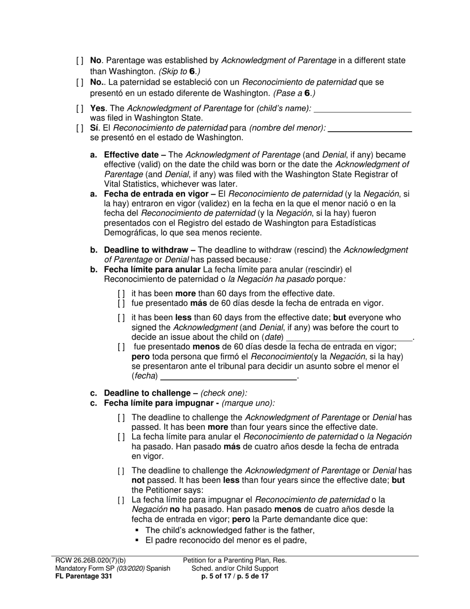 Form FL Parentage331 Petition for Parenting Plan, Residential Schedule, and / or Child Support - Washington (English / Spanish), Page 5