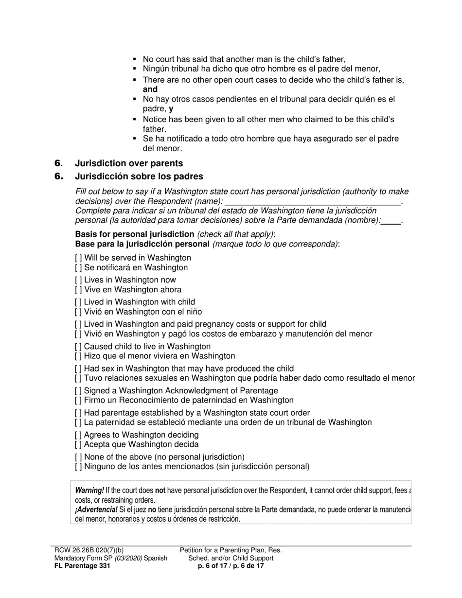 Form FL Parentage331 Petition for Parenting Plan, Residential Schedule, and / or Child Support - Washington (English / Spanish), Page 6