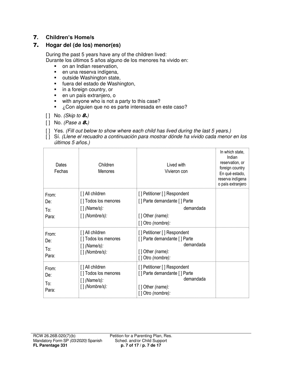 Form FL Parentage331 Petition for Parenting Plan, Residential Schedule, and / or Child Support - Washington (English / Spanish), Page 7
