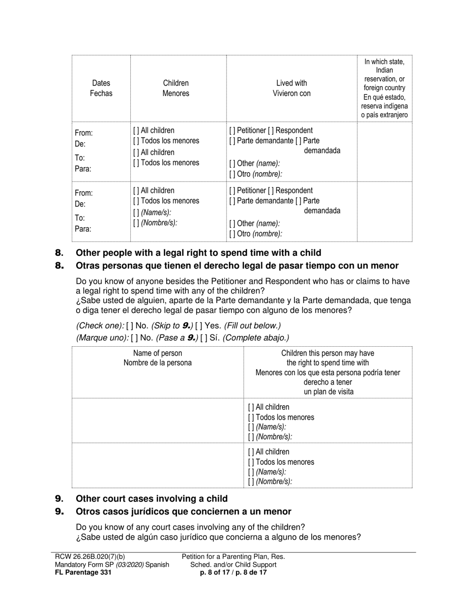 Form FL Parentage331 Petition for Parenting Plan, Residential Schedule, and / or Child Support - Washington (English / Spanish), Page 8