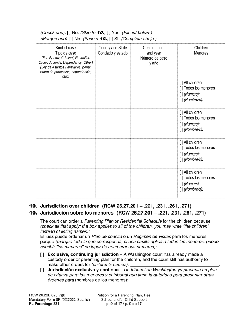Form FL Parentage331 Petition for Parenting Plan, Residential Schedule, and / or Child Support - Washington (English / Spanish), Page 9