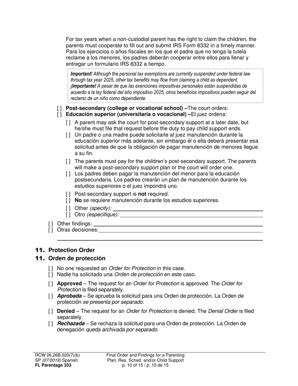 Form FL Parentage333 Final Order and Findings for a Parenting Plan, Residential Schedule and / or Child Support - Washington (English / Spanish), Page 10