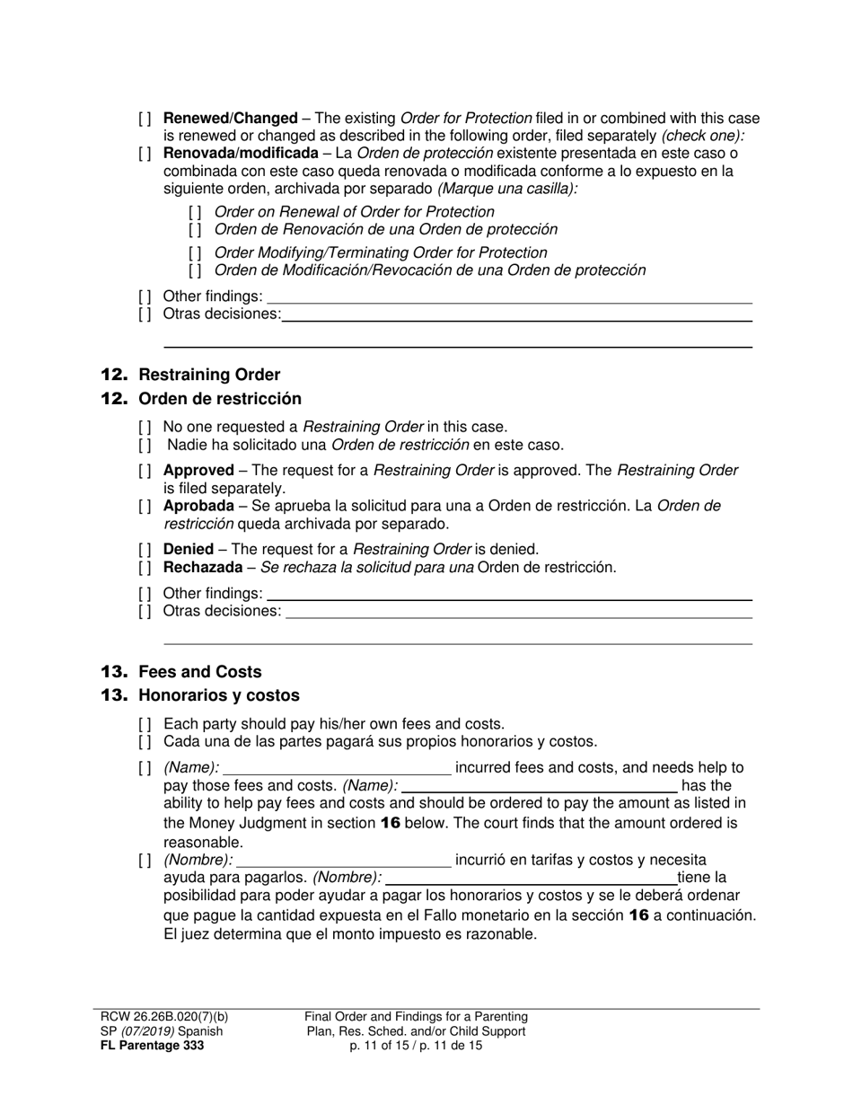 Form FL Parentage333 Final Order and Findings for a Parenting Plan, Residential Schedule and / or Child Support - Washington (English / Spanish), Page 11