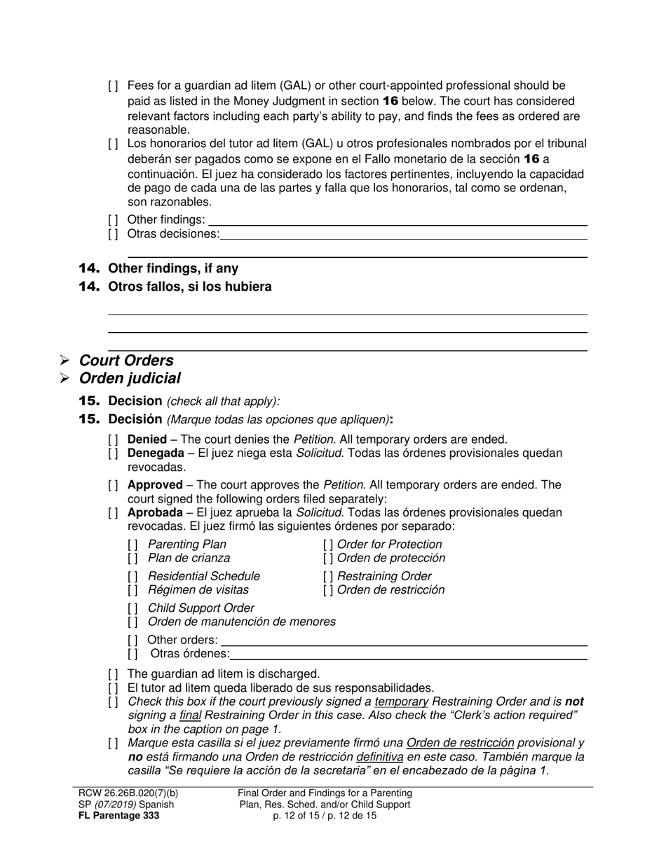 Form FL Parentage333 Final Order and Findings for a Parenting Plan, Residential Schedule and / or Child Support - Washington (English / Spanish), Page 12
