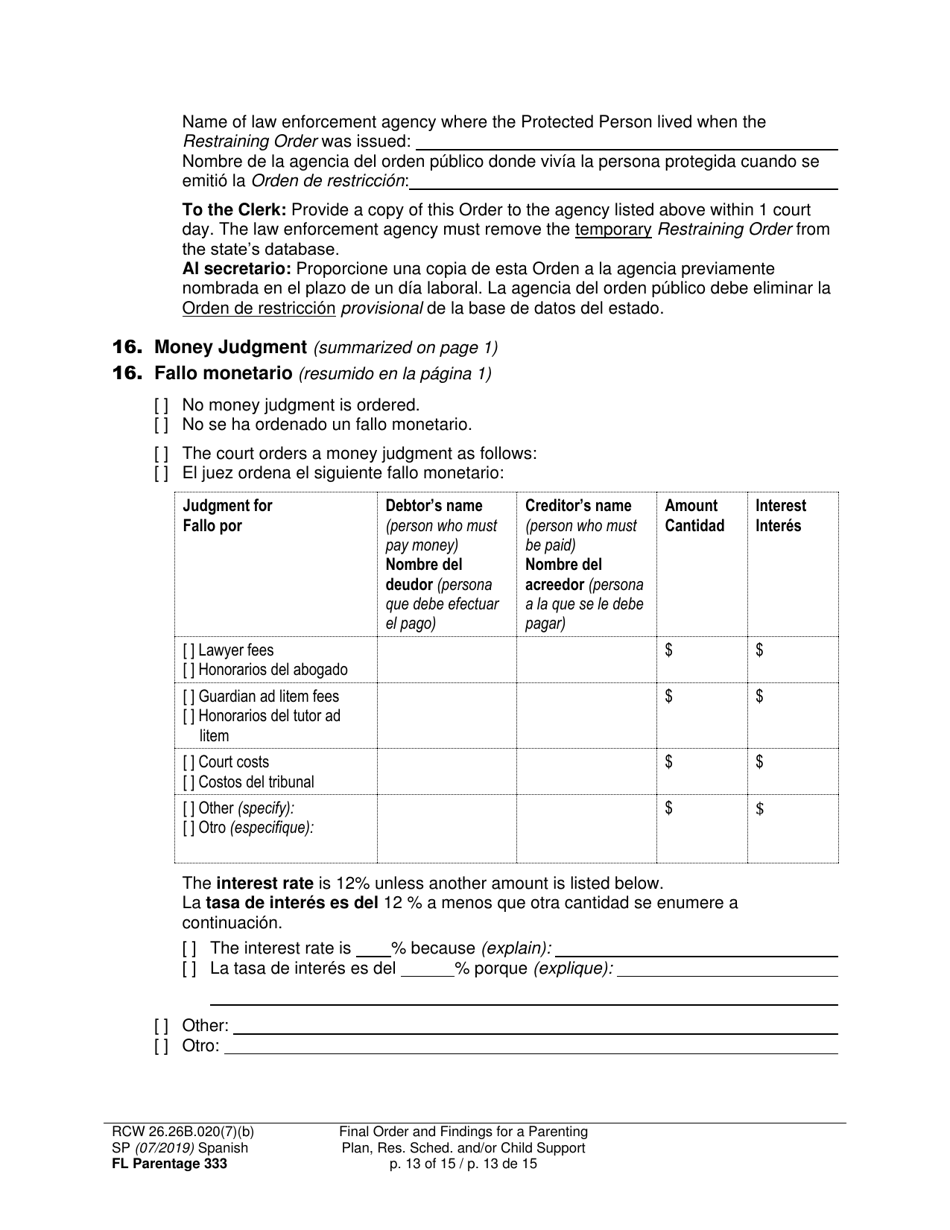 Form FL Parentage333 Final Order and Findings for a Parenting Plan, Residential Schedule and / or Child Support - Washington (English / Spanish), Page 13
