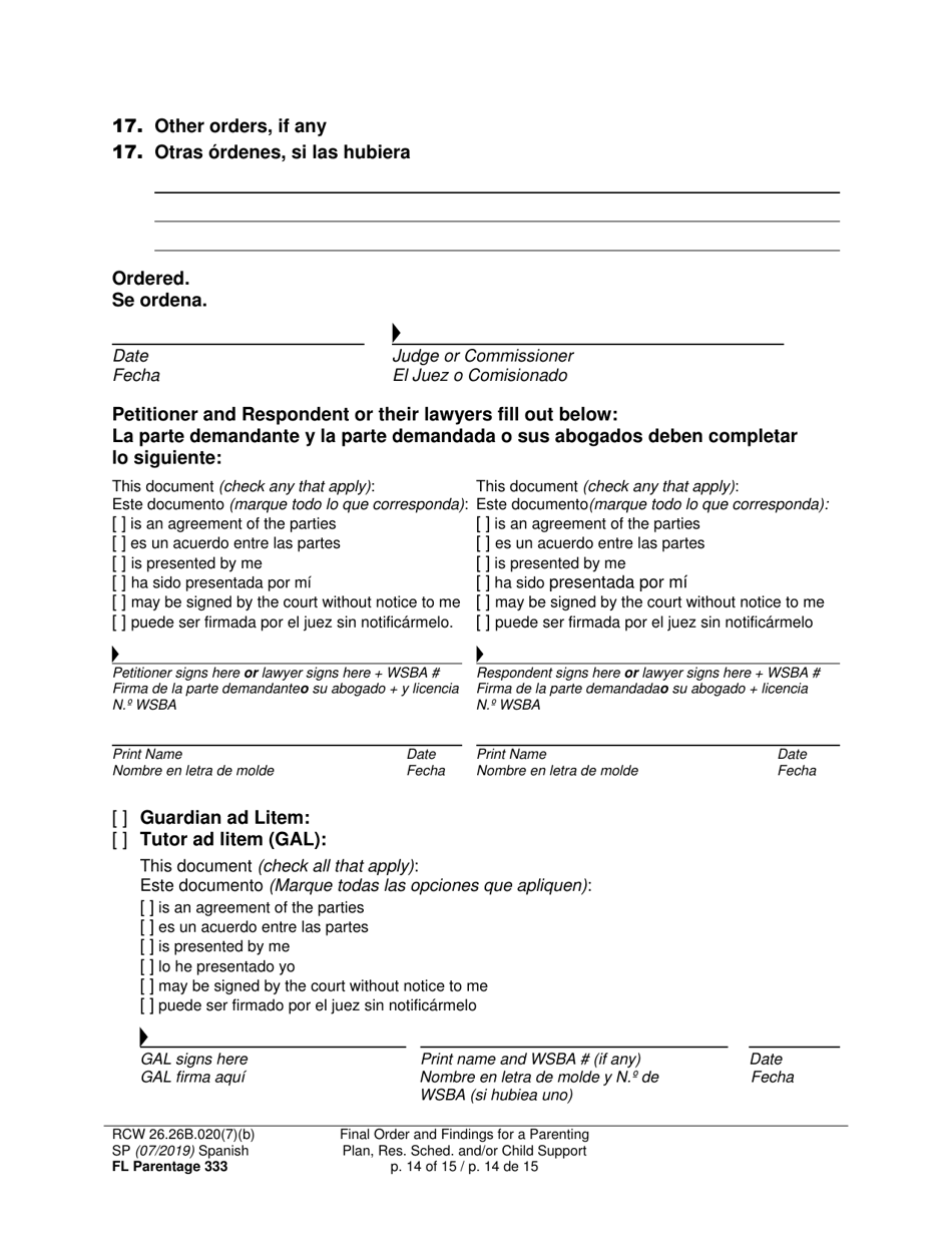 Form FL Parentage333 Final Order and Findings for a Parenting Plan, Residential Schedule and / or Child Support - Washington (English / Spanish), Page 14