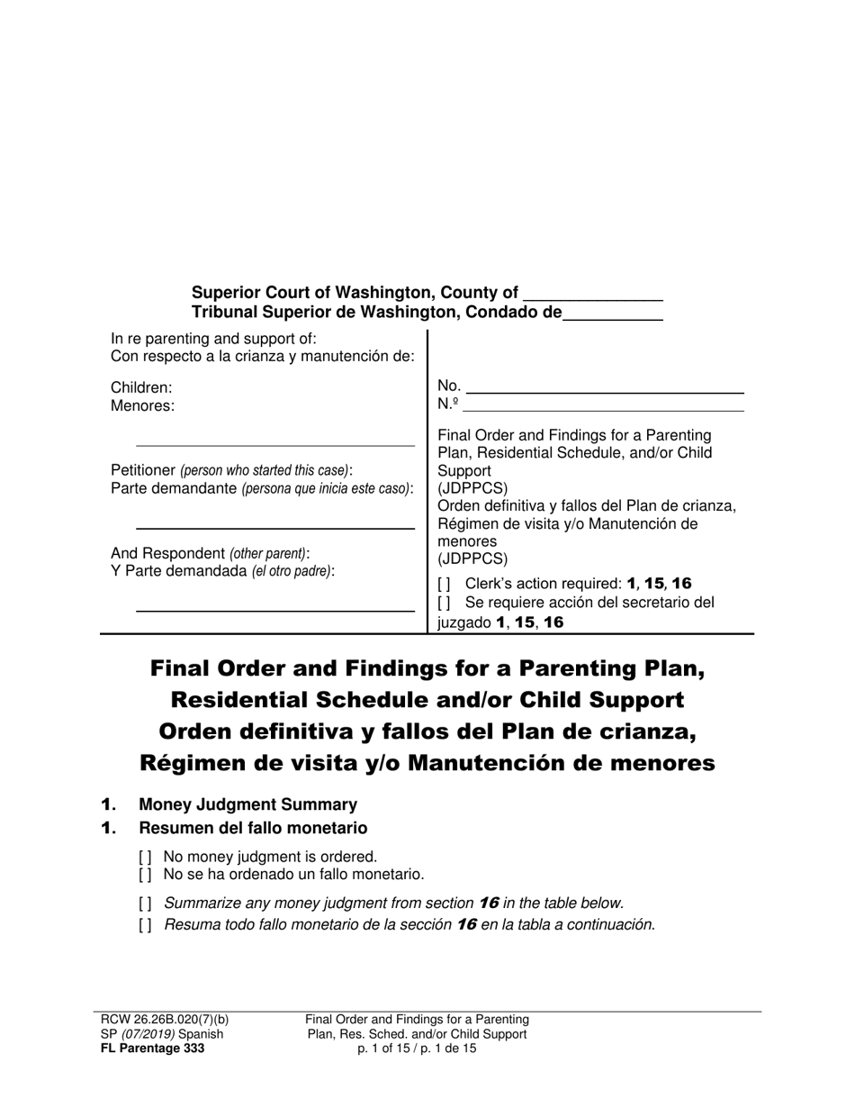 Form FL Parentage333 Final Order and Findings for a Parenting Plan, Residential Schedule and/or Child Support - Washington (English/Spanish), Page 1