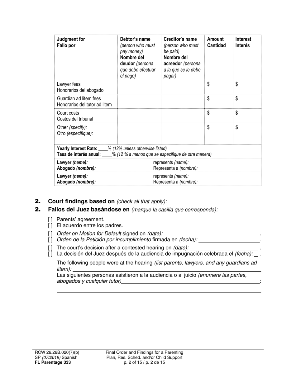 Form FL Parentage333 Final Order and Findings for a Parenting Plan, Residential Schedule and / or Child Support - Washington (English / Spanish), Page 2