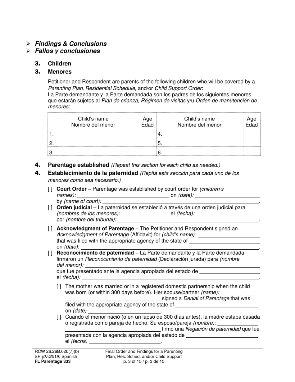 Form FL Parentage333 Final Order and Findings for a Parenting Plan, Residential Schedule and / or Child Support - Washington (English / Spanish), Page 3