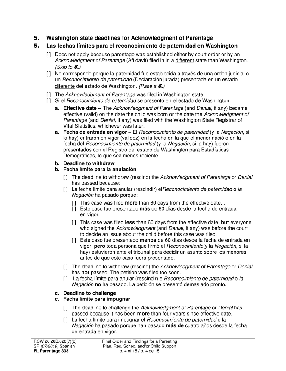 Form FL Parentage333 Final Order and Findings for a Parenting Plan, Residential Schedule and / or Child Support - Washington (English / Spanish), Page 4