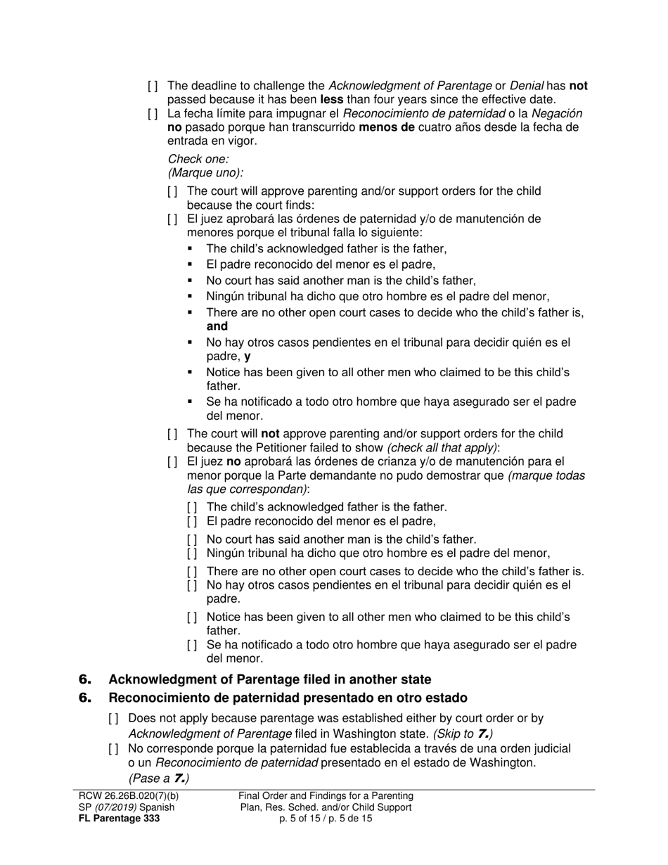 Form FL Parentage333 Final Order and Findings for a Parenting Plan, Residential Schedule and / or Child Support - Washington (English / Spanish), Page 5