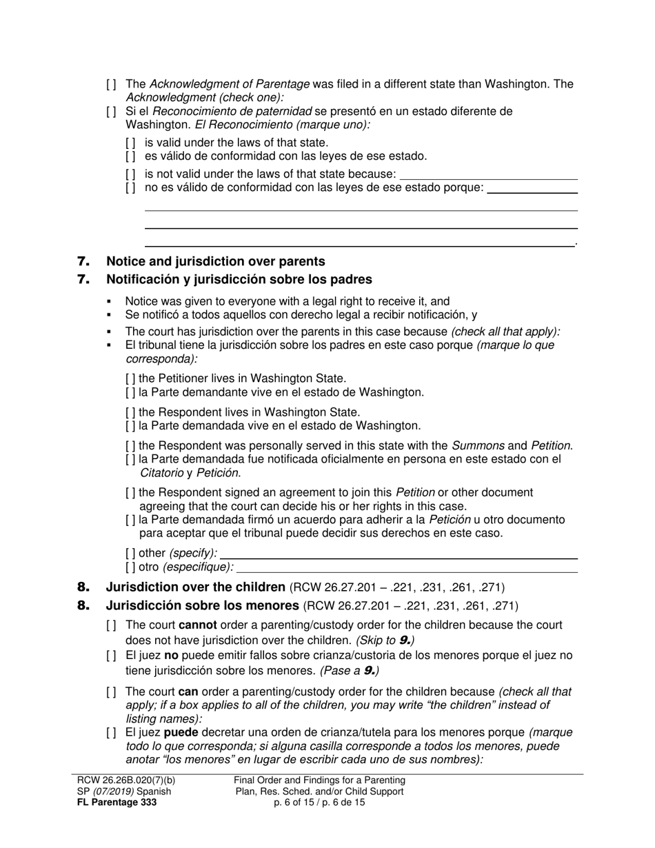 Form FL Parentage333 Final Order and Findings for a Parenting Plan, Residential Schedule and / or Child Support - Washington (English / Spanish), Page 6