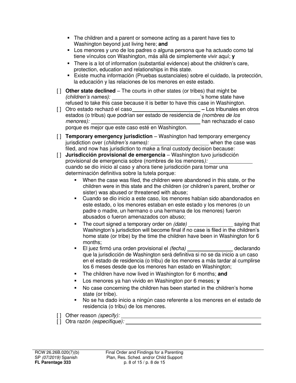 Form FL Parentage333 Final Order and Findings for a Parenting Plan, Residential Schedule and / or Child Support - Washington (English / Spanish), Page 8