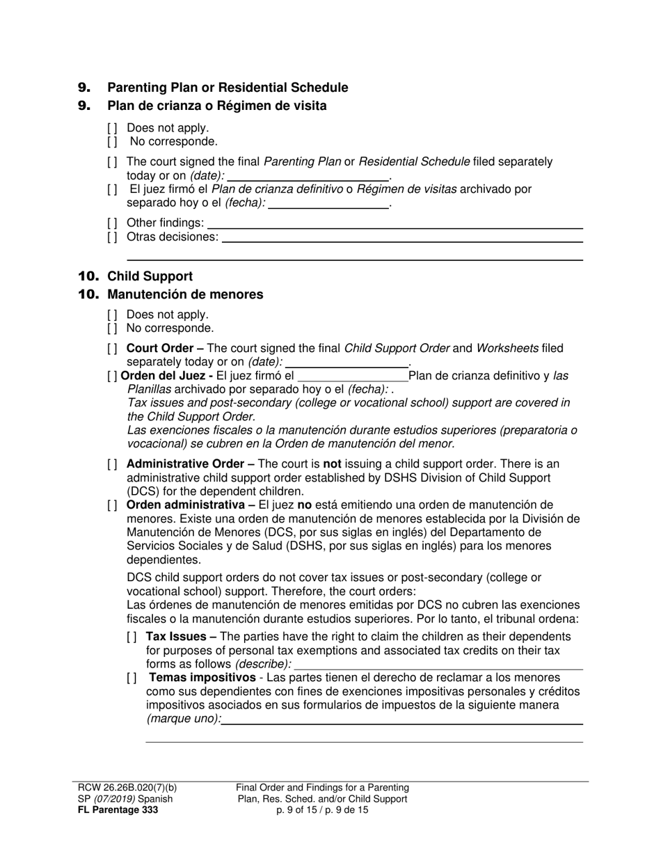 Form FL Parentage333 Final Order and Findings for a Parenting Plan, Residential Schedule and / or Child Support - Washington (English / Spanish), Page 9