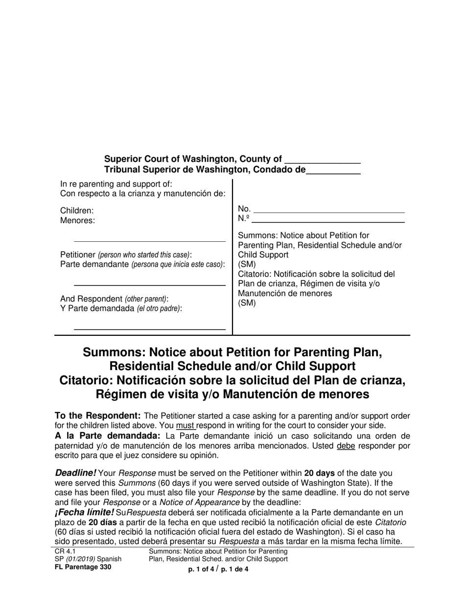 Form FL Parentage330 Summons: Notice About Petition for Parenting Plan, Residential Schedule and/or Child Support - Washington (English/Spanish), Page 1