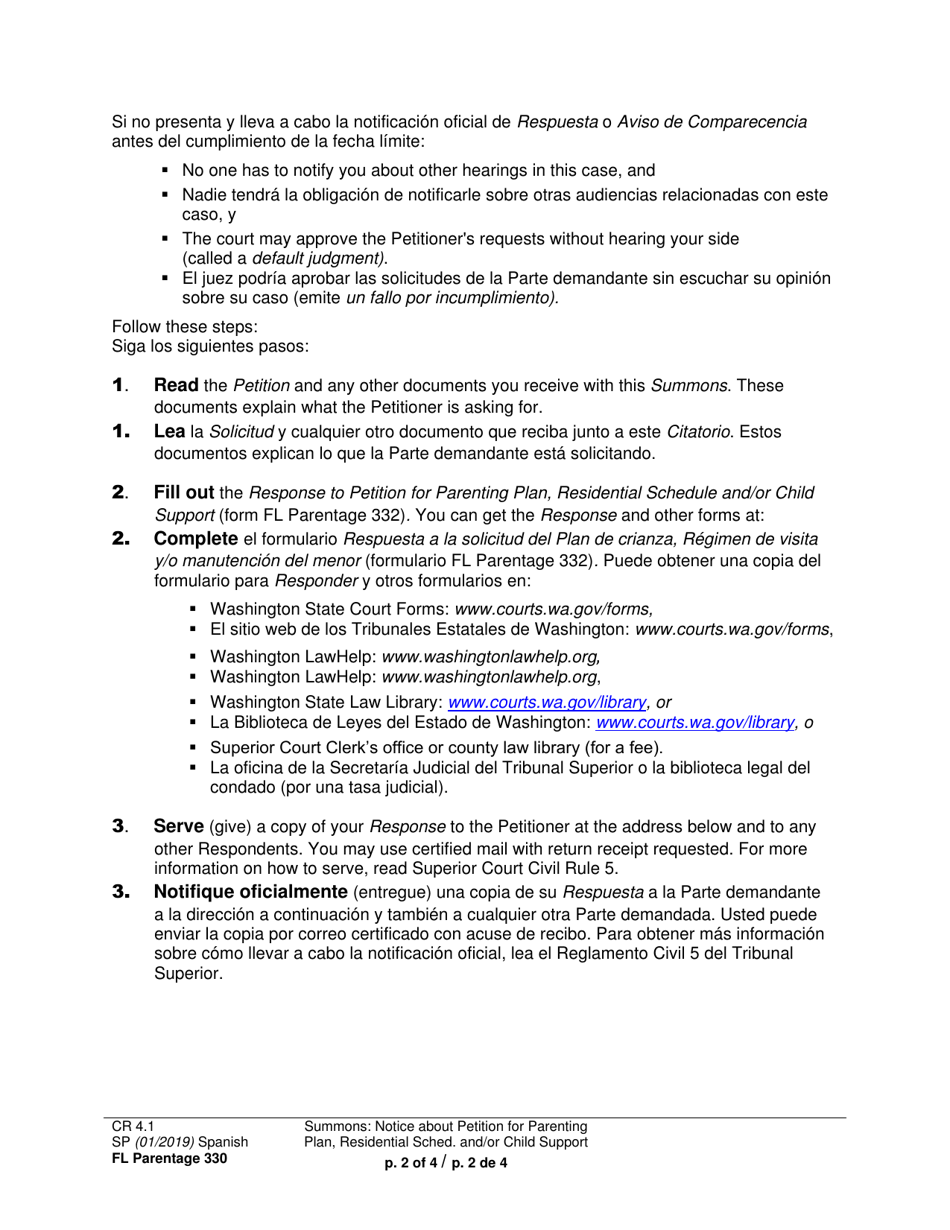Form FL Parentage330 Summons: Notice About Petition for Parenting Plan, Residential Schedule and / or Child Support - Washington (English / Spanish), Page 2