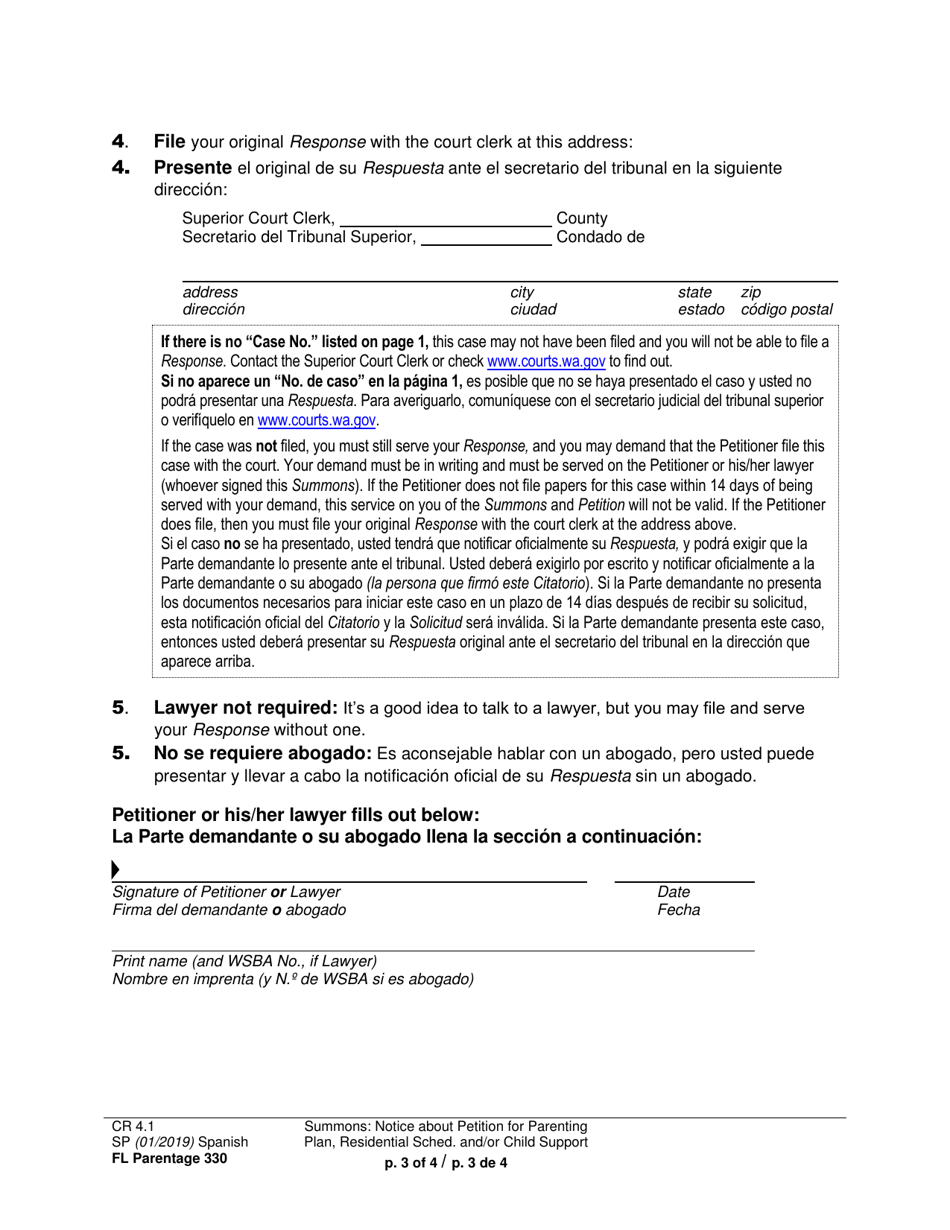 Form FL Parentage330 Summons: Notice About Petition for Parenting Plan, Residential Schedule and / or Child Support - Washington (English / Spanish), Page 3