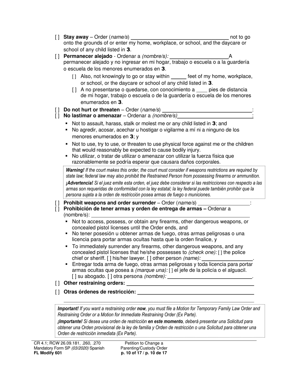 Form FL Modify601 Petition to Change a Parenting Plan, Residential Schedule or Custody Order (Ptmd) - Washington (English / Spanish), Page 10