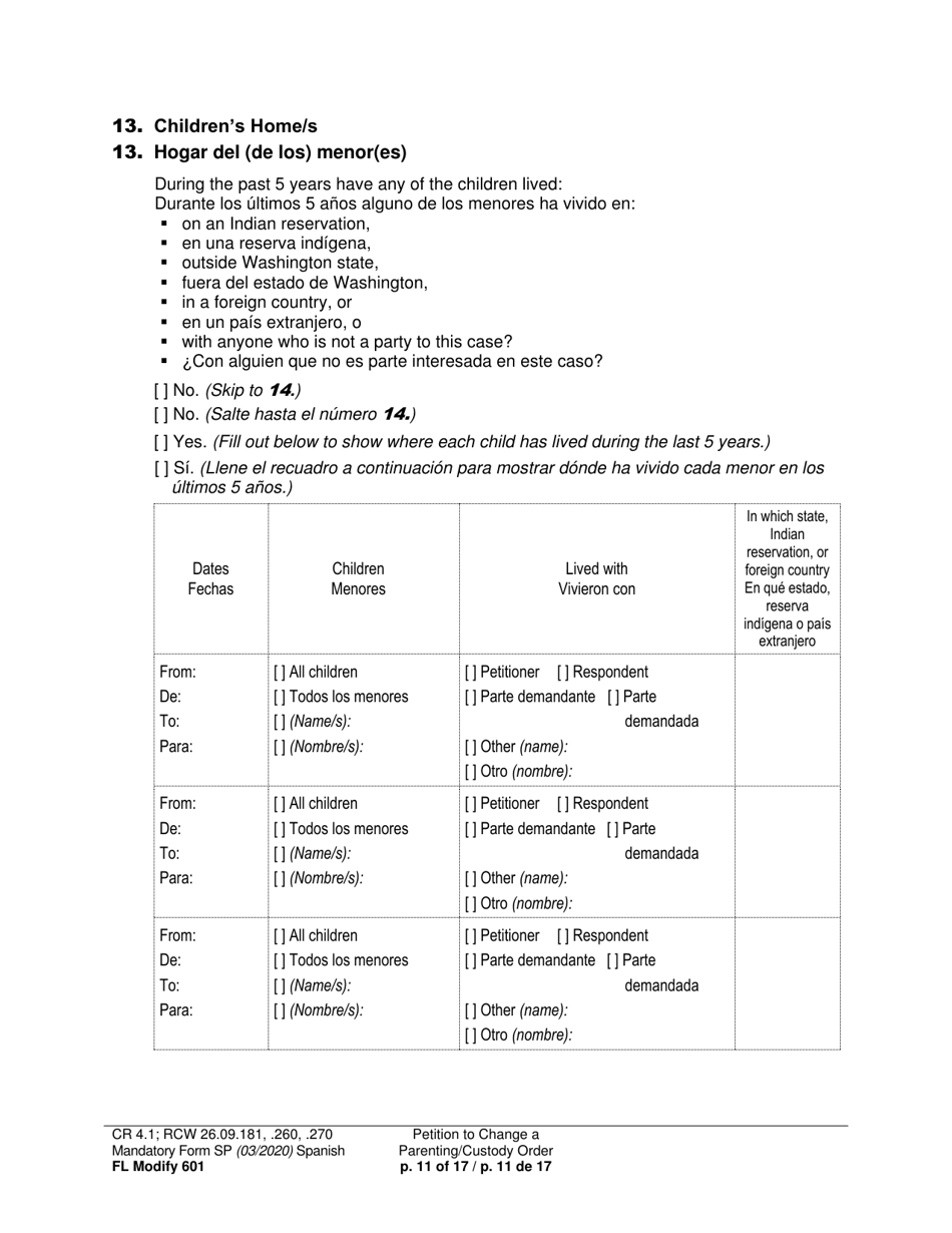 Form FL Modify601 Petition to Change a Parenting Plan, Residential Schedule or Custody Order (Ptmd) - Washington (English / Spanish), Page 11