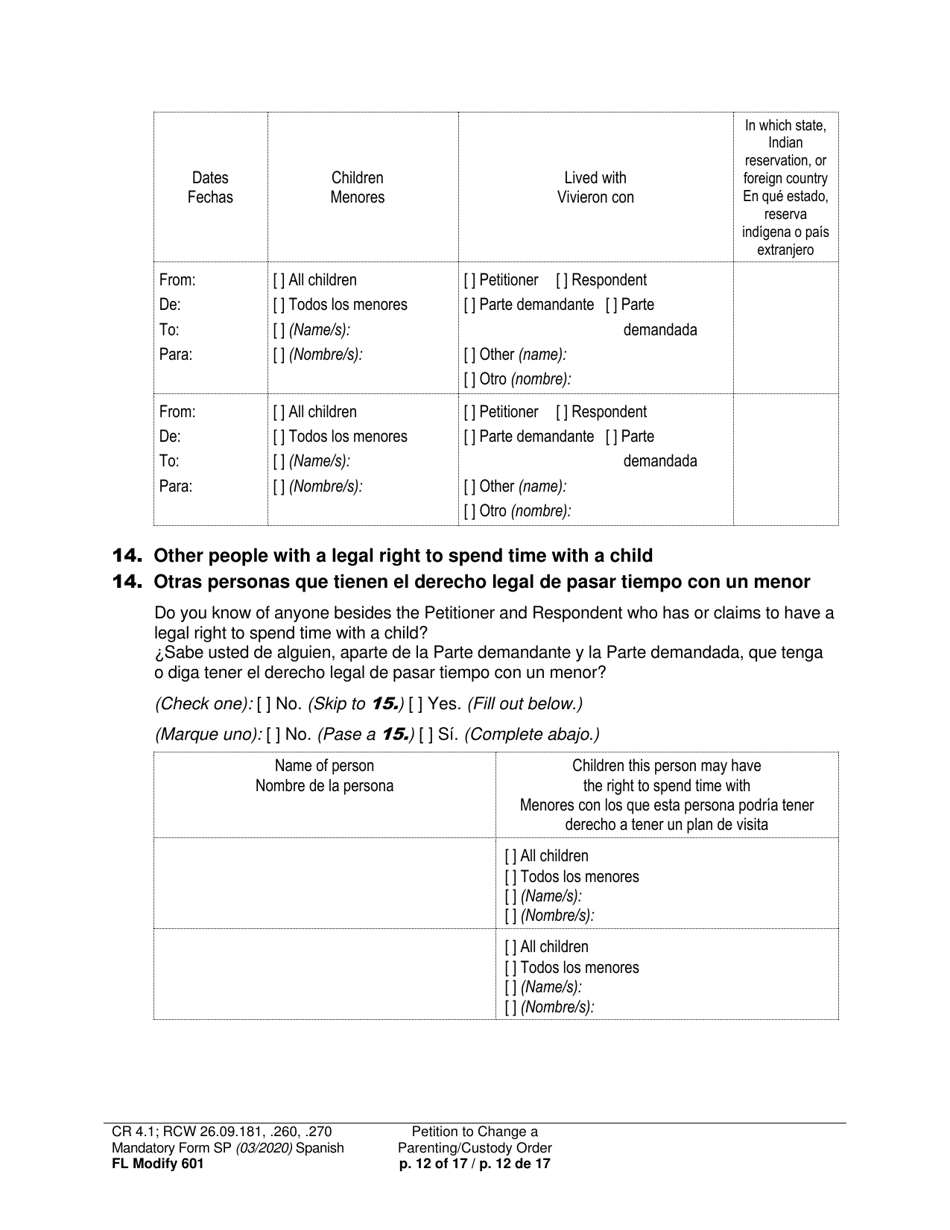Form FL Modify601 Petition to Change a Parenting Plan, Residential Schedule or Custody Order (Ptmd) - Washington (English / Spanish), Page 12