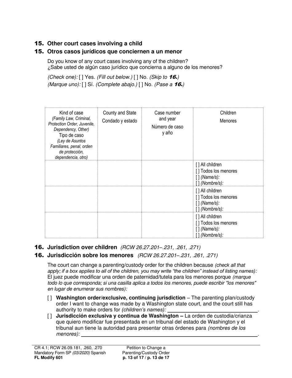 Form FL Modify601 Petition to Change a Parenting Plan, Residential Schedule or Custody Order (Ptmd) - Washington (English / Spanish), Page 13