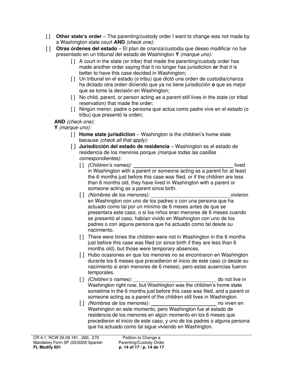 Form FL Modify601 Petition to Change a Parenting Plan, Residential Schedule or Custody Order (Ptmd) - Washington (English / Spanish), Page 14