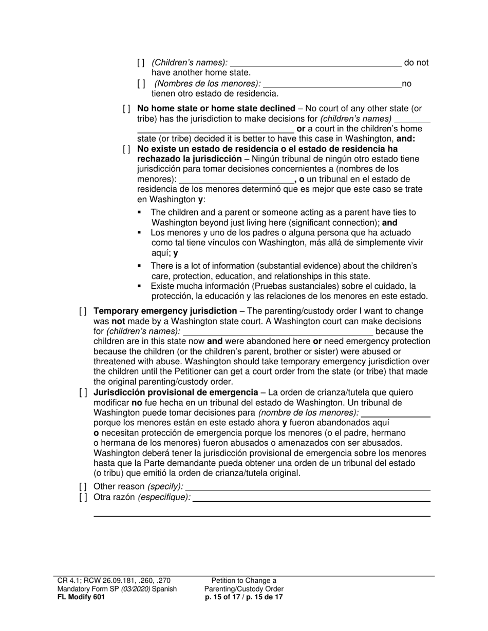 Form FL Modify601 Petition to Change a Parenting Plan, Residential Schedule or Custody Order (Ptmd) - Washington (English / Spanish), Page 15