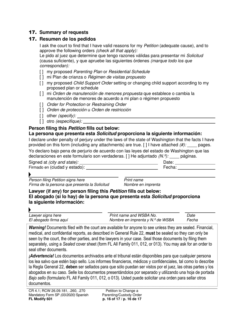 Form FL Modify601 Petition to Change a Parenting Plan, Residential Schedule or Custody Order (Ptmd) - Washington (English / Spanish), Page 16