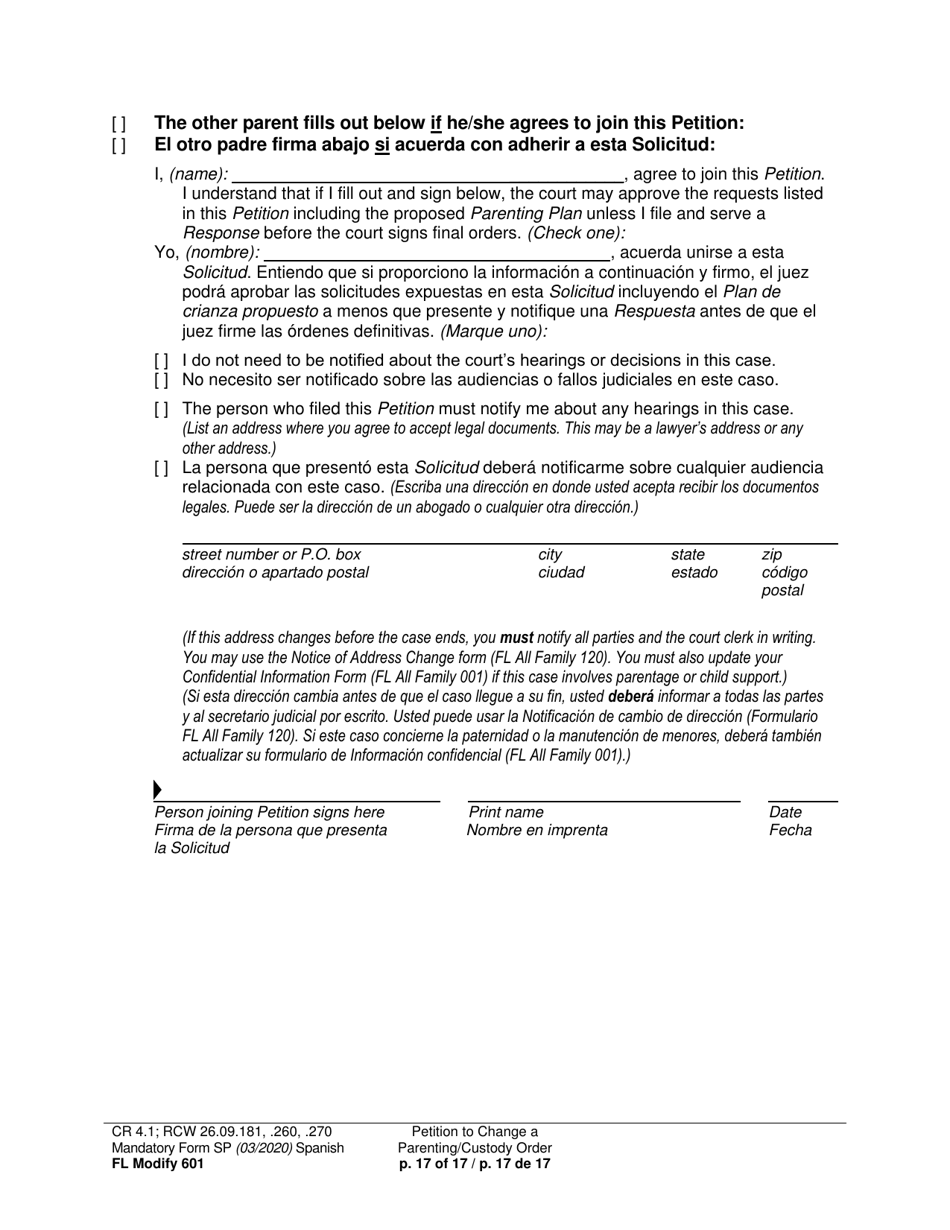 Form FL Modify601 Petition to Change a Parenting Plan, Residential Schedule or Custody Order (Ptmd) - Washington (English / Spanish), Page 17