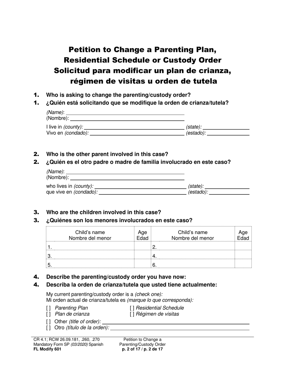 Form FL Modify601 Petition to Change a Parenting Plan, Residential Schedule or Custody Order (Ptmd) - Washington (English / Spanish), Page 2