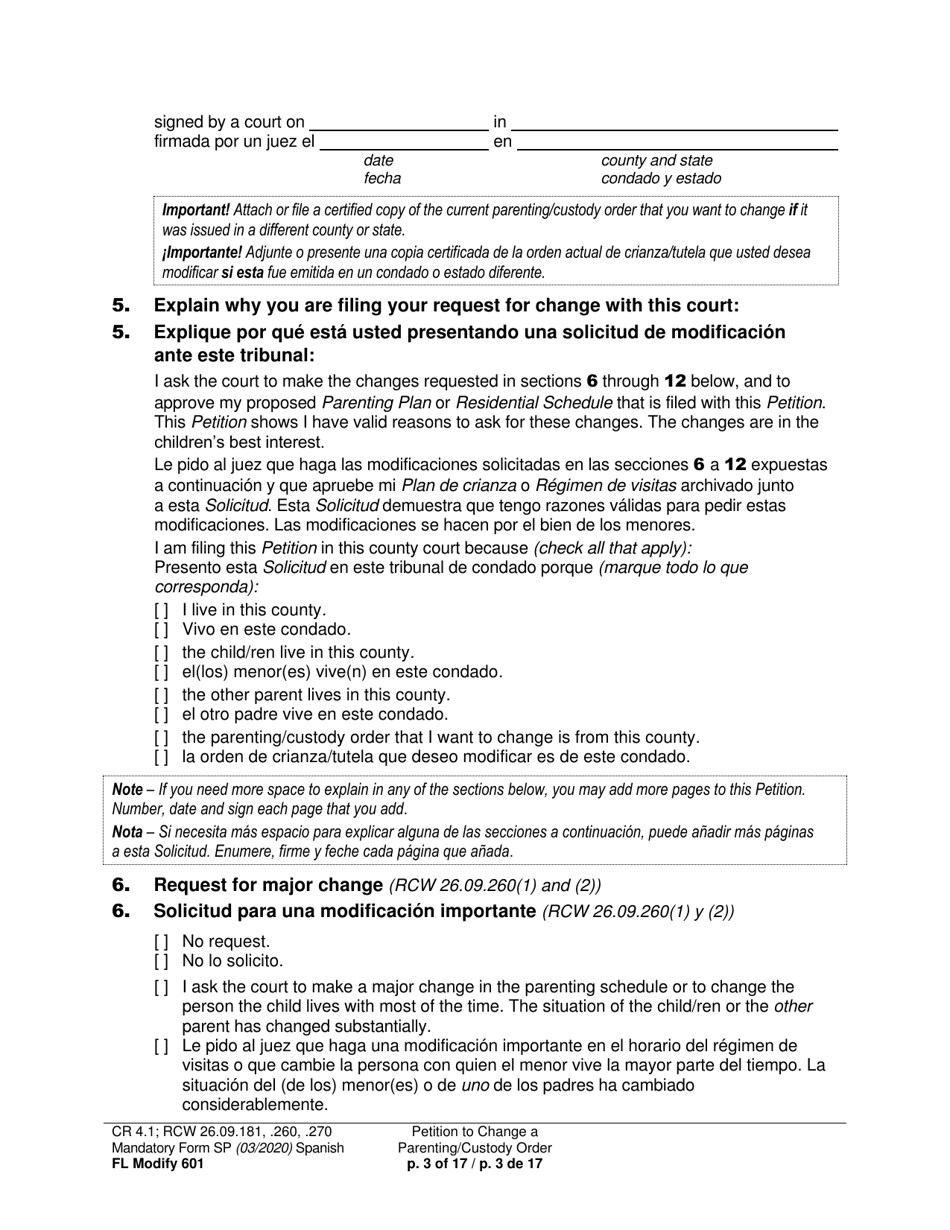 Form FL Modify601 Petition to Change a Parenting Plan, Residential Schedule or Custody Order (Ptmd) - Washington (English / Spanish), Page 3